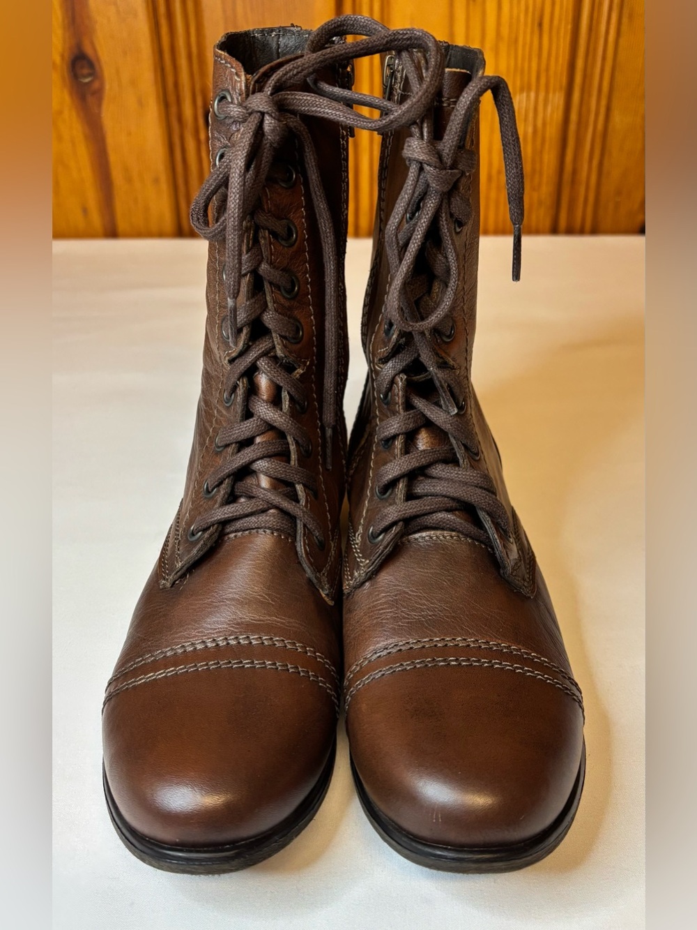 Steve Madden Brown Leather Troopa Lace Up Combat Boots Size 9.5 Cap Toe
